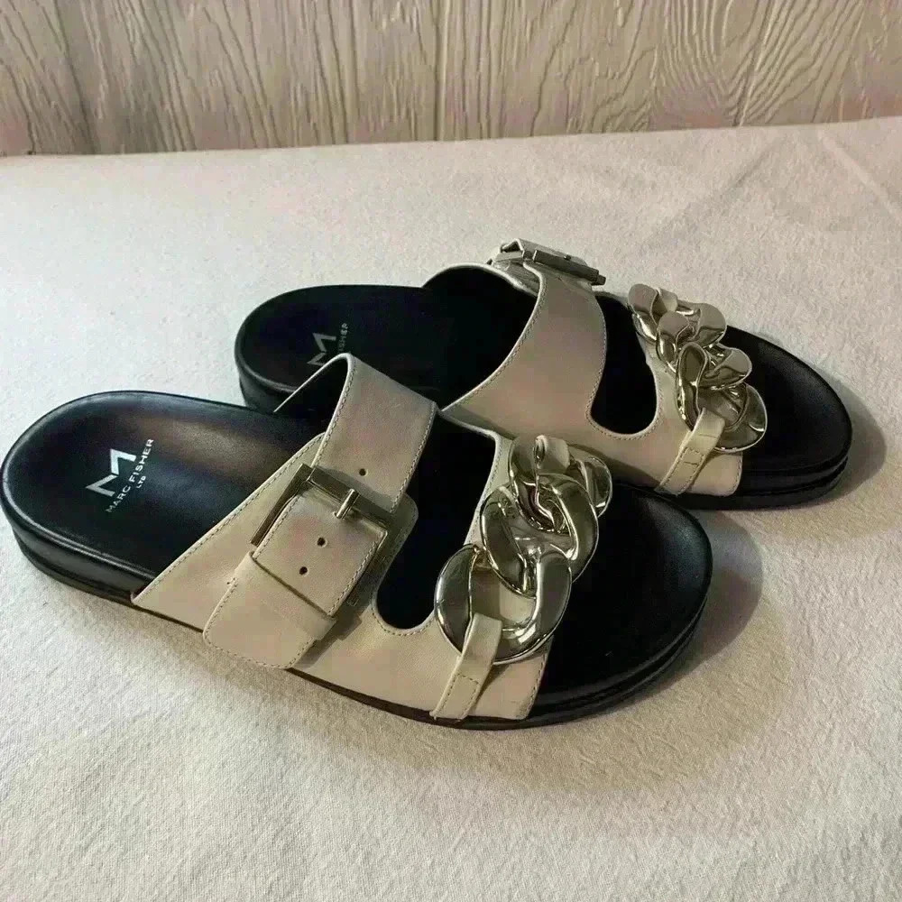 Marc Fisher White and Silver Sandals Two-Strap Design